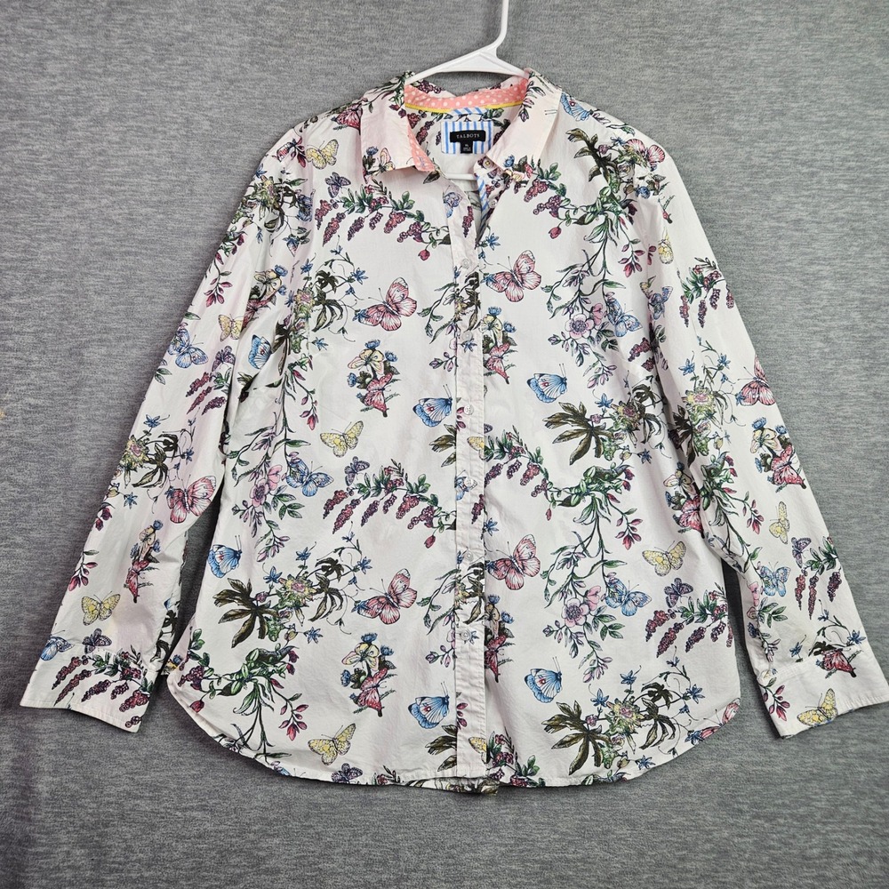 Talbots Womens XL White Butterfly Floral Cotton Button Down Shirt Long Sleeve